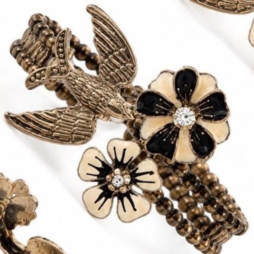 Vintage silver Swallow Bird Floral Double Finger Stretch Ring Cream Black Enamel
